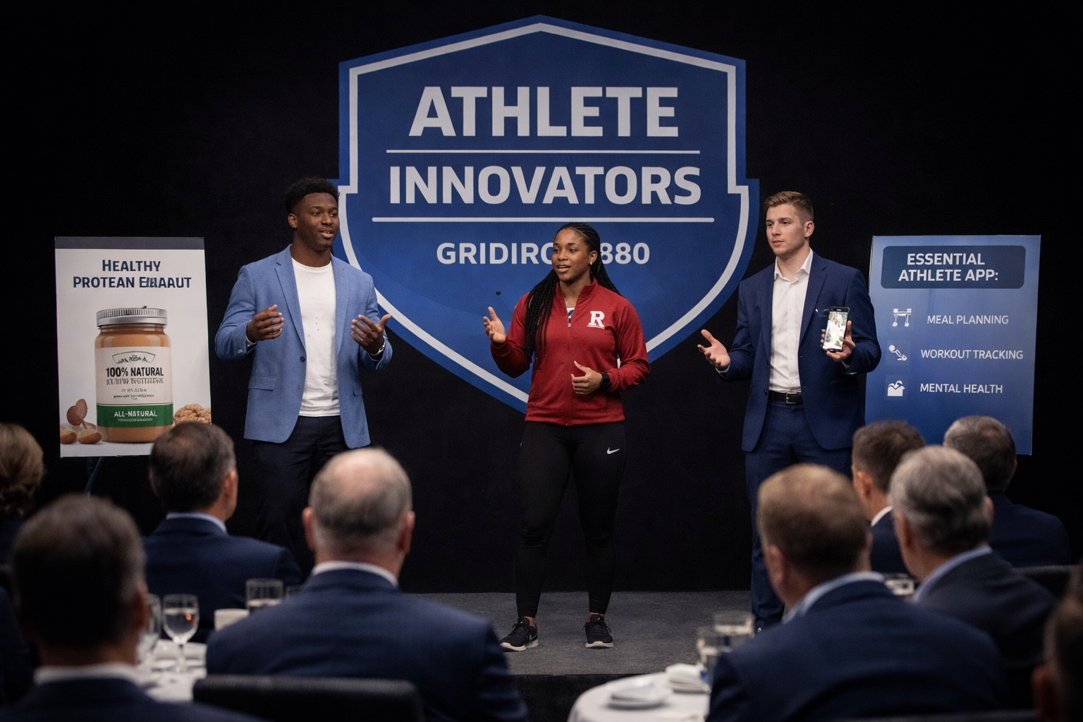 Student-athletes presenting at Athlete Innovators pitch event