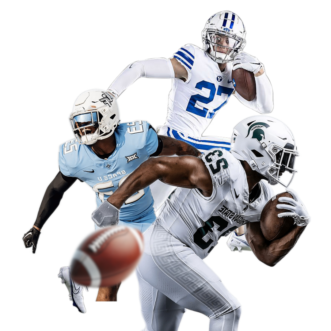 Three football players in action with football